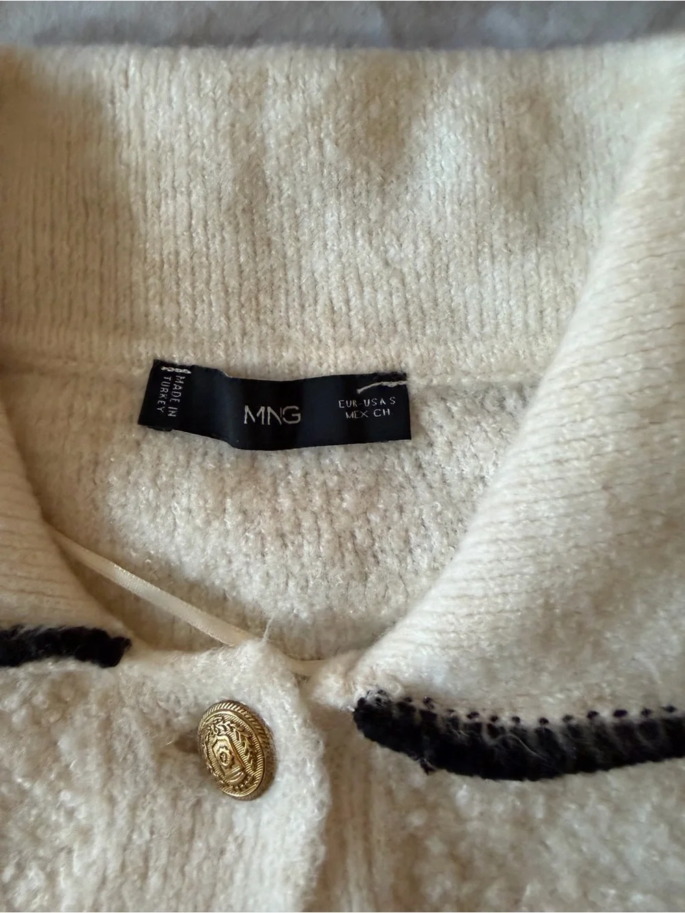 Mango Cream Knit Cardigan with Black Trim